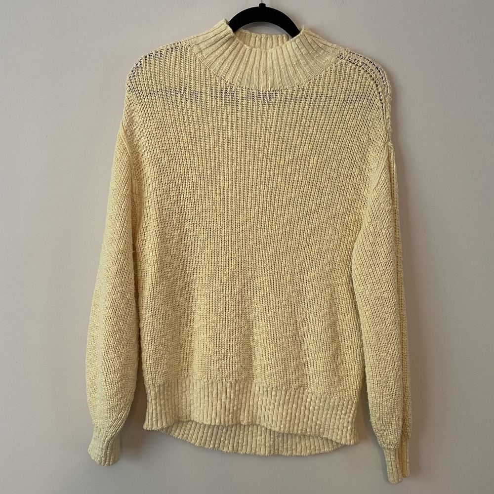 Aerie 100% Cotton Textured Knit Sweater Butter Yellow Size S Mock Neck Oversized